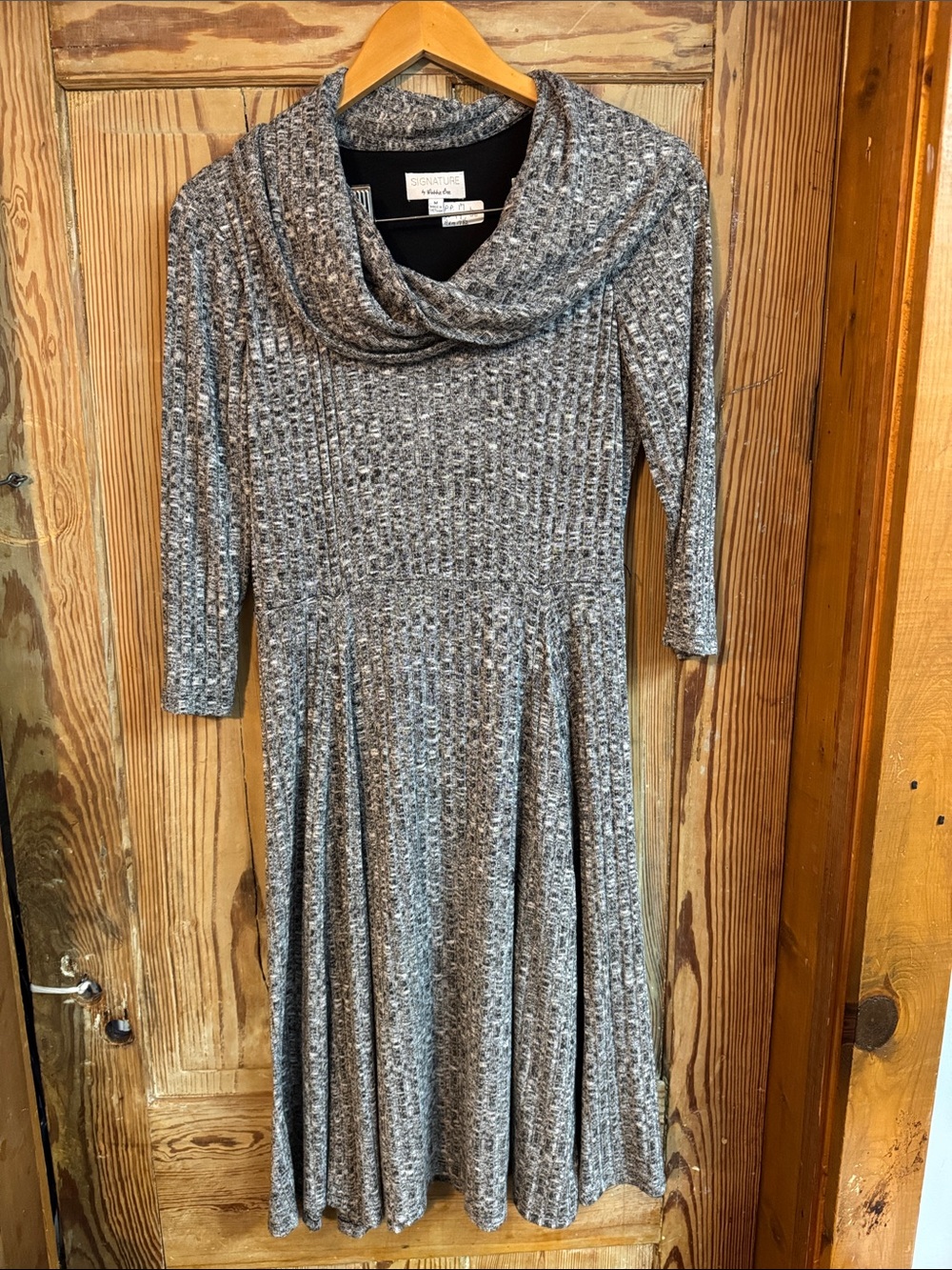 Signature by Robbie Bee Heathered Gray Ribbed Cowl-Neck Midi sweater Dress Medi